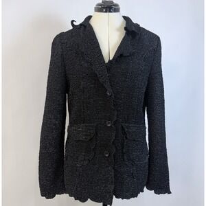 Vintage Blazer Jacket Womens L Black Crinkle Texture Lettuce Ruffle Stretchy